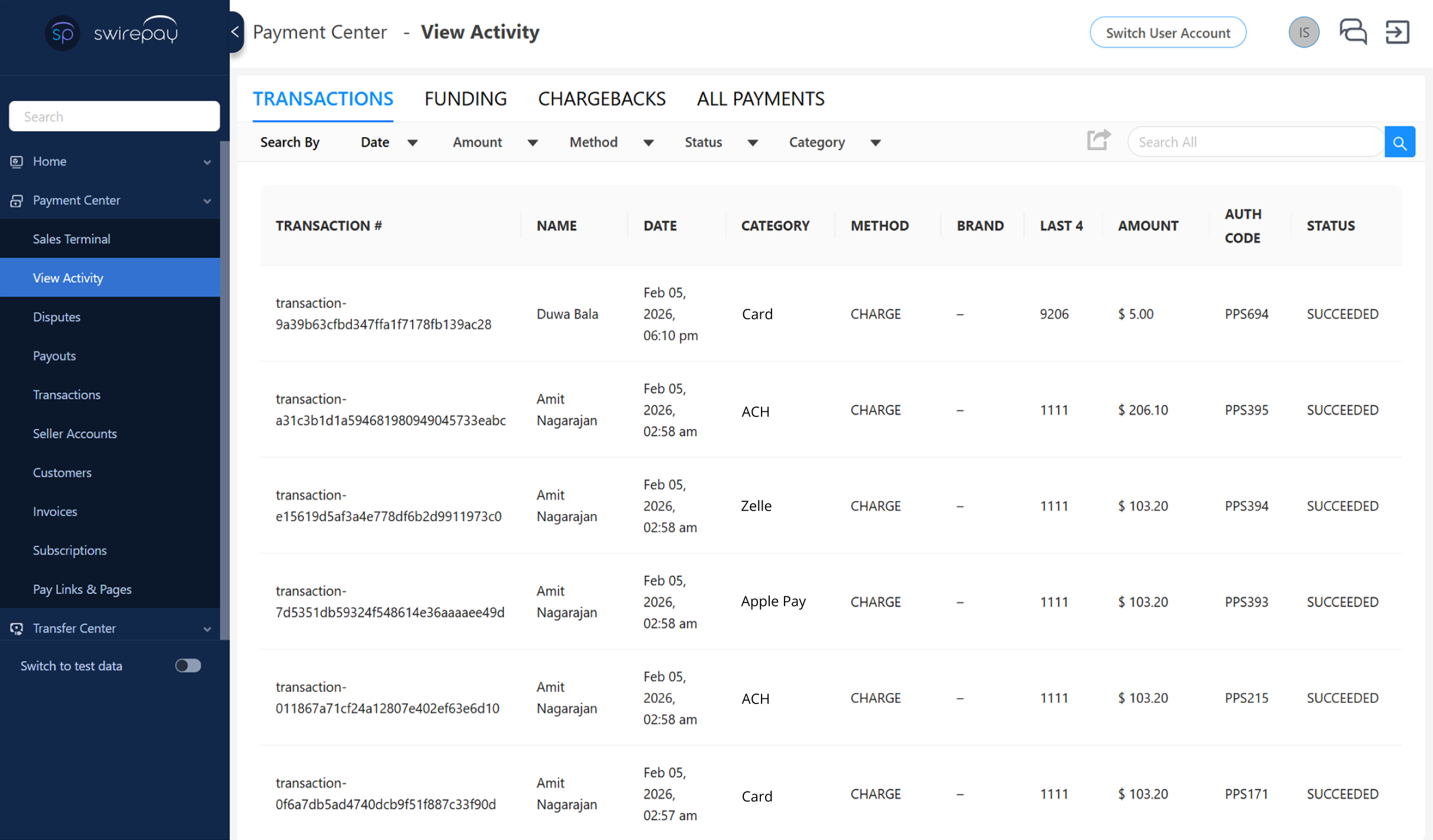 Swirepay Payment Center dashboard