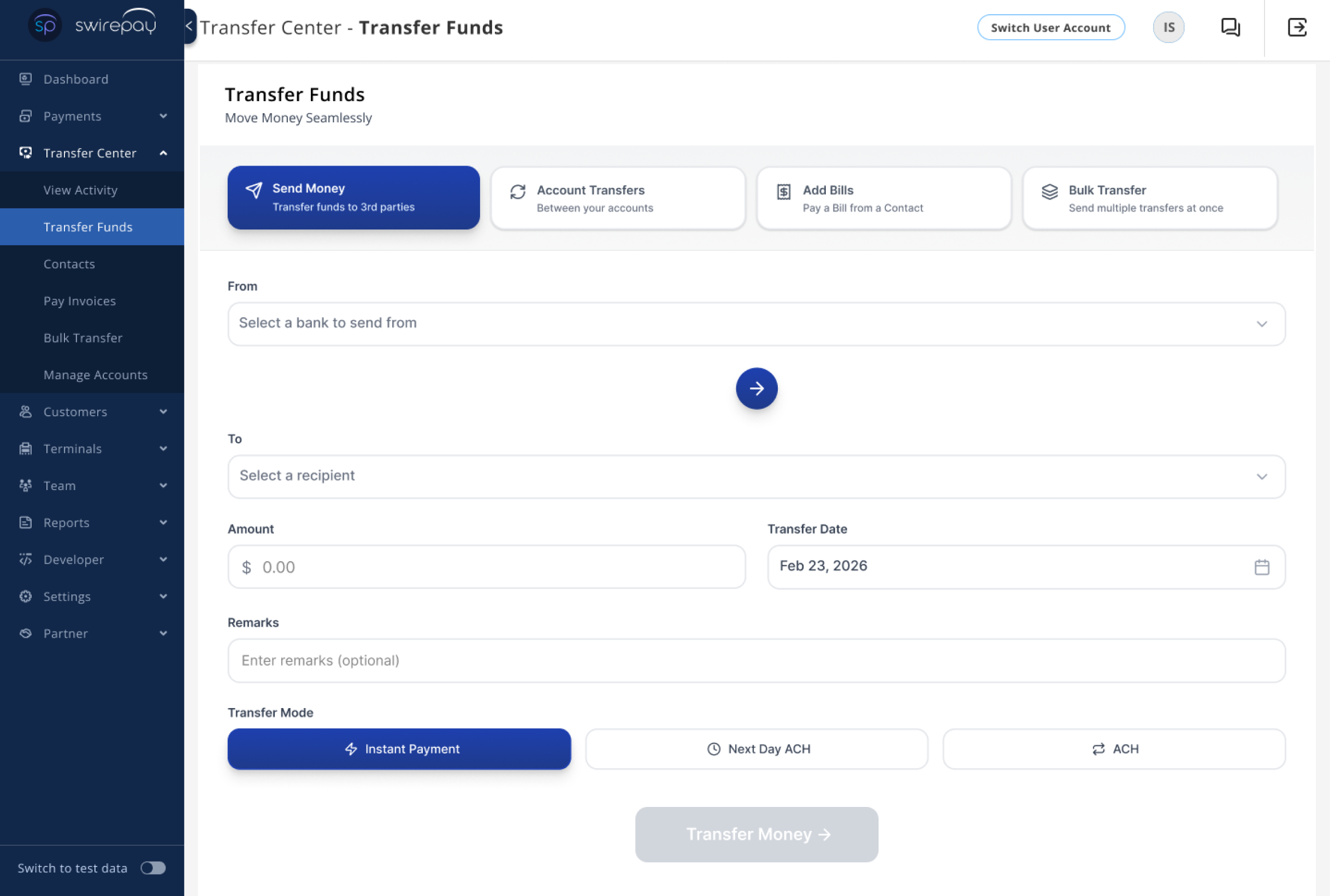 Swirepay Transfer Center dashboard